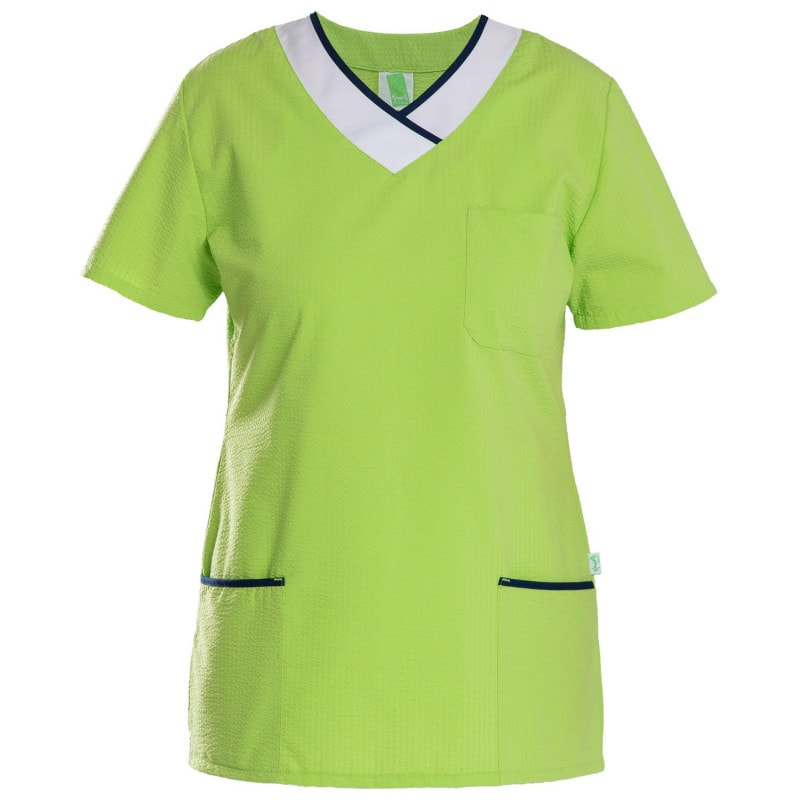 Womens's Seersucker Scrub Top Kiwi/White | Xs