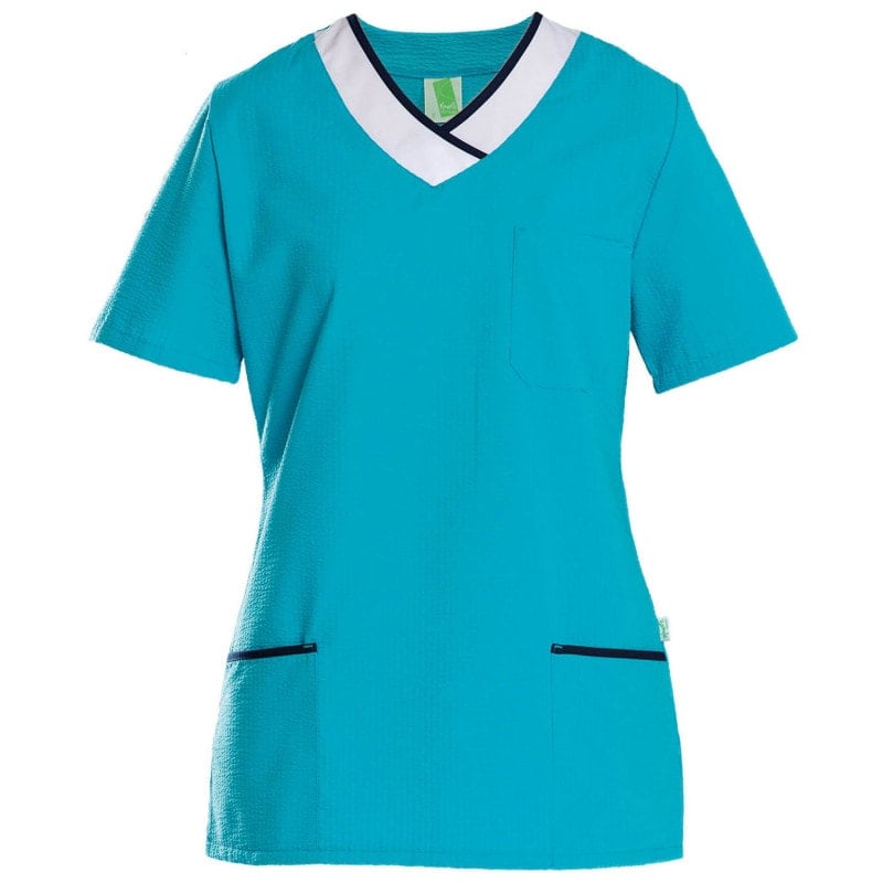 Womens's Seersucker Scrub Top Lagoon/White | L